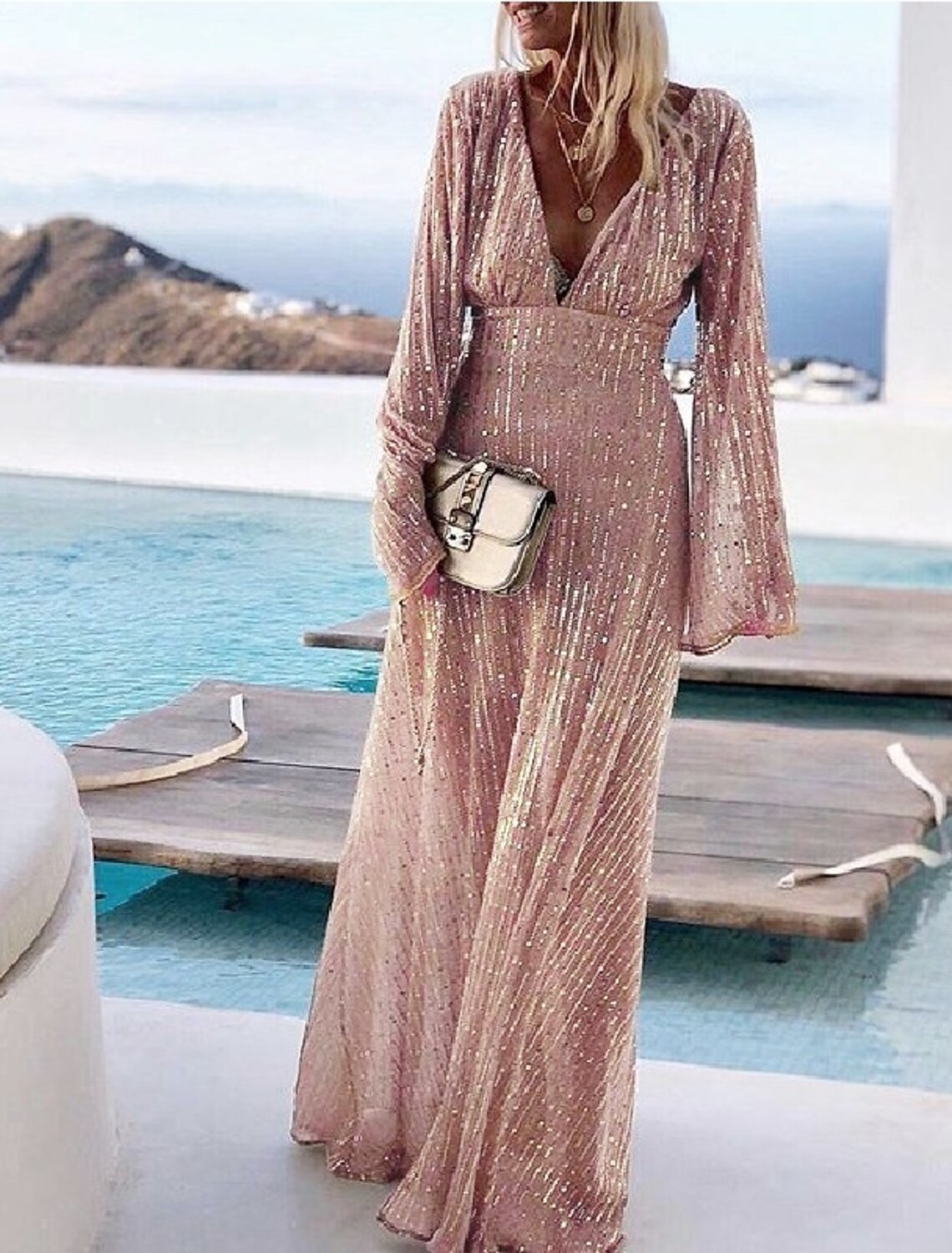 Abiti da cocktail a trapezio, eleganti, lunghi fino al pavimento, senza maniche, scollo a V, con paillettes